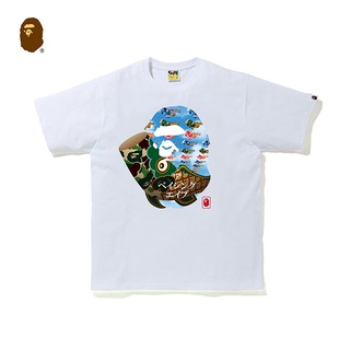 HH BAPE Mens Spring and Summer Ape Head Carp Streamer Pattern Japanese Alphabet Printing Short-sleeved T-shirt คอกลม