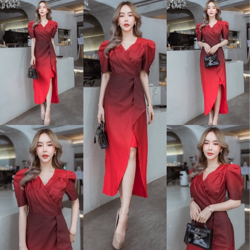 พร้อมส่ง M-4XL ป้าย Love Lady เดรสยาว เดรสสีแดงทูโทน ชุดออกงาน สวยเรียบหรู