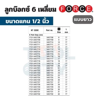 FORCE ลูกบ๊อกซ์ 6 เหลี่ยม แกน 1/2 นิ้ว (4 หุน) หน่วยมิลลิเมตร ขนาด 8 - 32 มม. ลูกบ๊อกซ์แบบยาว (DEEP)