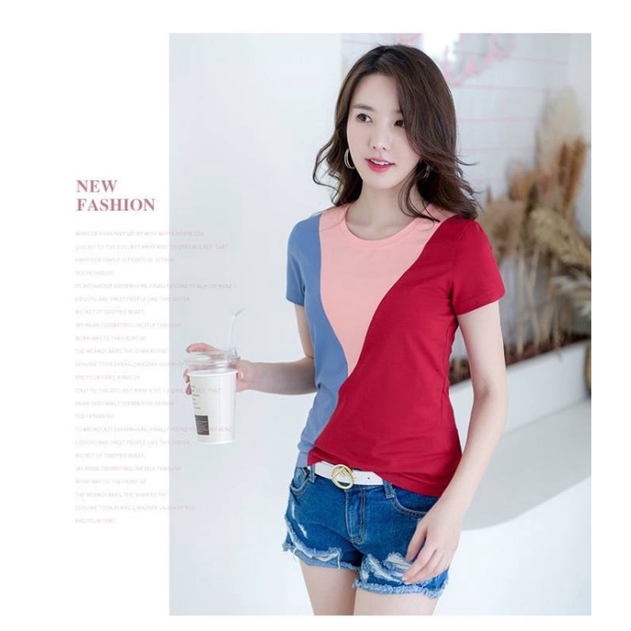 รุ่น147-คอกลมแขนสั้นเสื้อยืดผู้หญิงแฟชั่น สไตล์เกาหลีผ้าฝ้าย หน้าเสื้อและหลังเสื้อเป็นผ้าสามสีต่อกัน เพิ่มสีสันสวยงาม