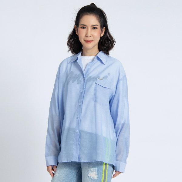 GSP เสื้อสีฟ้า แขนยาว ผู้หญิง Shirt ผ้าคอตตอน (PU9LBZ)