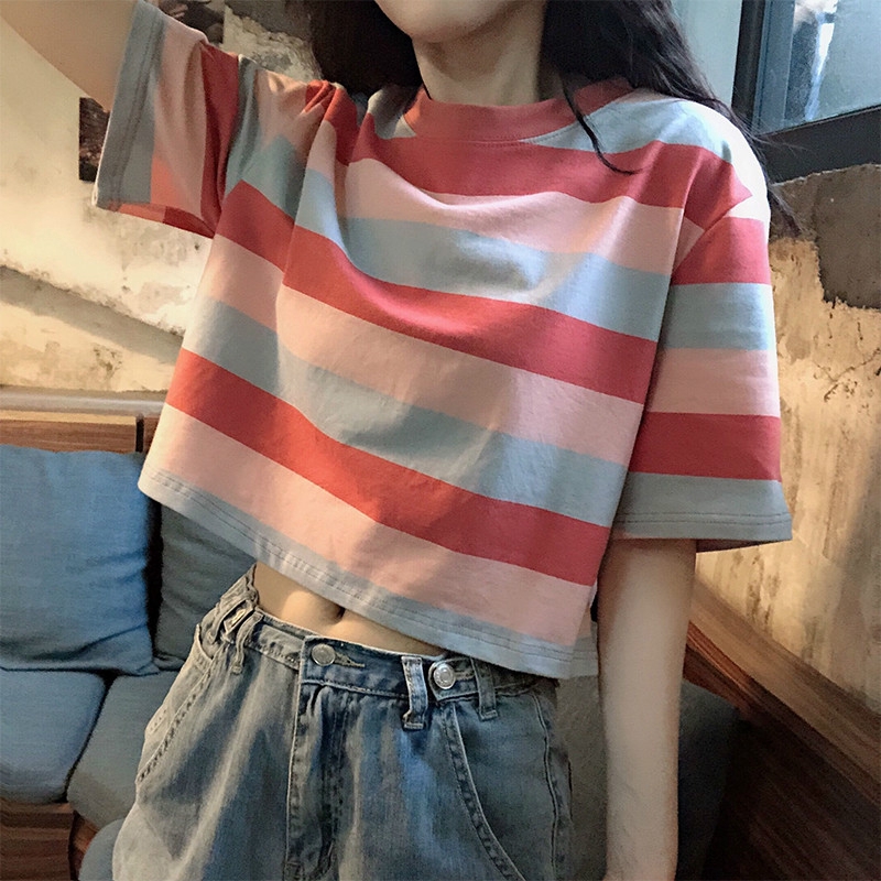clothing Xuan Yafeng clothes rainbow stripes short top 2020 new high