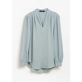 Lady Plus เสื้อคอวีแต่งกระดุมมุขแขนยาว | Long Sleeve V-Neck Blouse with Pearl Buttons เสื้อทำงาน สีเขียวมิ้นท์