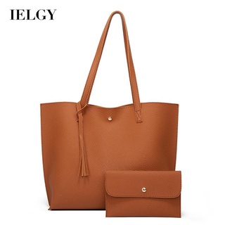 IELGY womens fashion shopping solid color tassel large capacity shoulder bag