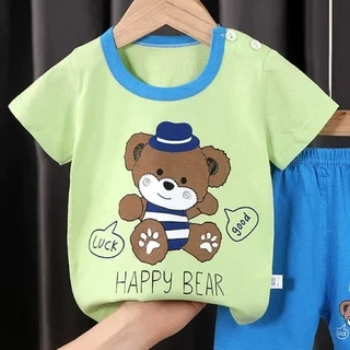 เซ็ต 2 ชิ้น เสื้อคอกลม ลายสัตว์น้อยน่ารัก ขาสั้น เสื้อผ้าเด็กสุดน่ารัก ผ้าเด็กผู้ชาย