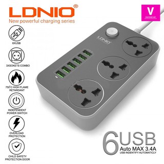 แท้ LDNIO SC3604 Power Strip With 3 AC Sockets + 6 USB Ports - Black / US Plug