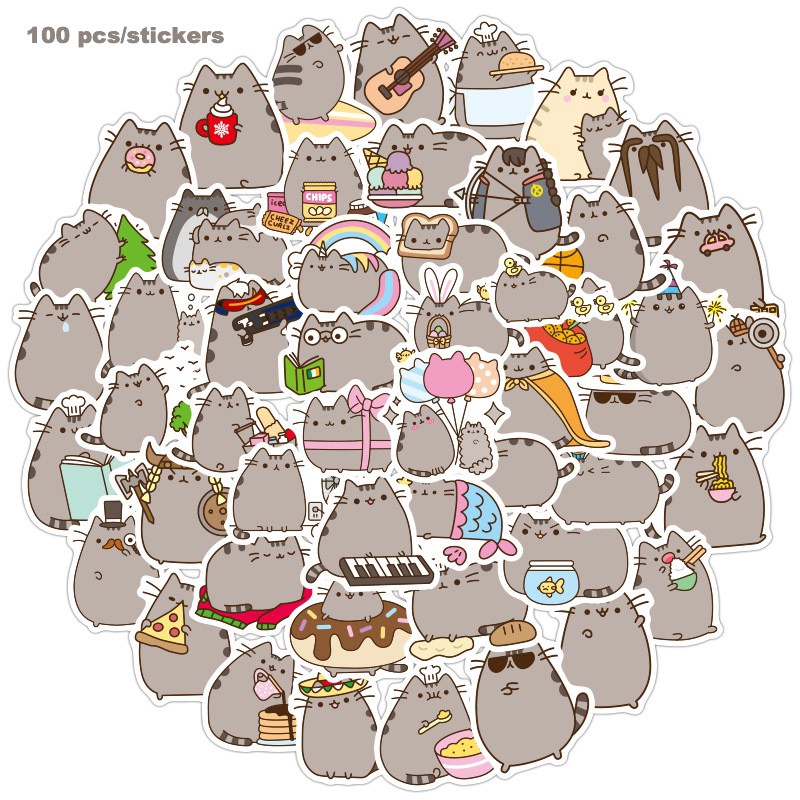 Y&P| Pusheen Cat สติกเกอร์กันน้ำรูปแบบที่แตกต่างกัน, 100 ชิ้น