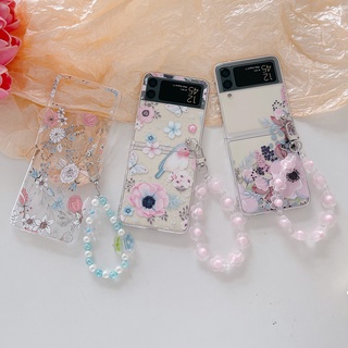 เคสโทรศัพท์มือถือแบบแข็ง ใส ลายการ์ตูนดอกไม้น่ารัก พร้อมสายคล้อง สําหรับ Samsung Galaxy Z Flip 3 5G Z Flip3