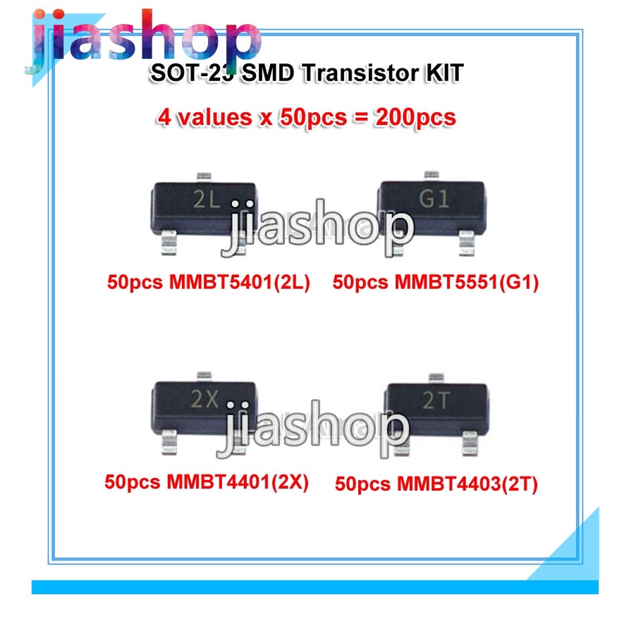 ชุดทรานซิสเตอร์ SOT-23 SMD 4 ชนิด อย่างละ 50 ชิ้น MMBT5401 2L MMBT5551 G1 MMBT4401 2X MMBT4403 2T SO