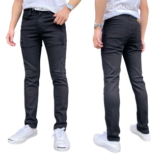 ๋JEANSEXPRESS SuperBlack สกินนี่ชายสีดำสนิท แต่งขาด ผ้ายืดทรงสวย เป้ากระดุม Size 28-36 รับชำระปลายทาง