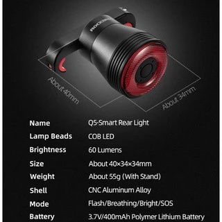 【TH Delivery】ROCKBROS ipx 6 จักรยานกันน้ำไฟ LED ไฟท้ายพร้อมเบรกรับประกันแสงหลายโหมดไฟขี่