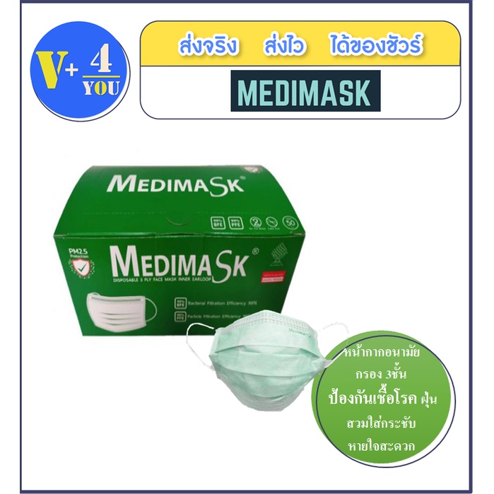 หน้ากากอนามัย 3 ชั้น MEDIMASK- Disposable 3 Ply Face Mask inner Earloop 1 กล่องมี 50 ชิ้น