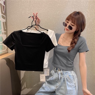 Korean Tight-Fitting Square Neck Short-Sleeved T-Shirt High-Waist Short Crop Tops Womens Clothing เสอื้ ครอปแขนสน