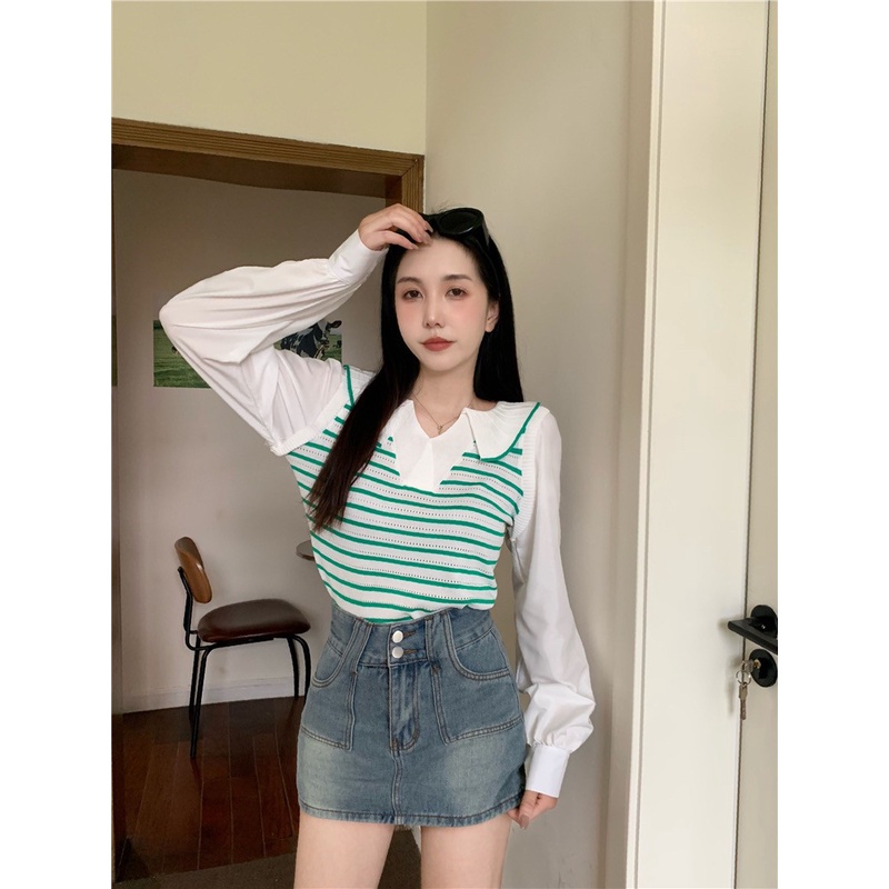 Elves✨พร้อมส่ง✨ เสื้อไหมพรมคอปกแขนยาวชีฟอง ดีเทลลายทางน่ารักคิ้วมาก ~50055-1~