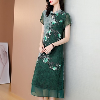 เดรส   ；ชุดเดรส✠2021 ใหม่แม่ฤดูร้อนชุดวัยกลางคนกว้างภรรยา cheongsam วัยกลางคนและผู้สูงอายุเสื้อผ้าหญิงสไตล์ตะวันตกกระโปร