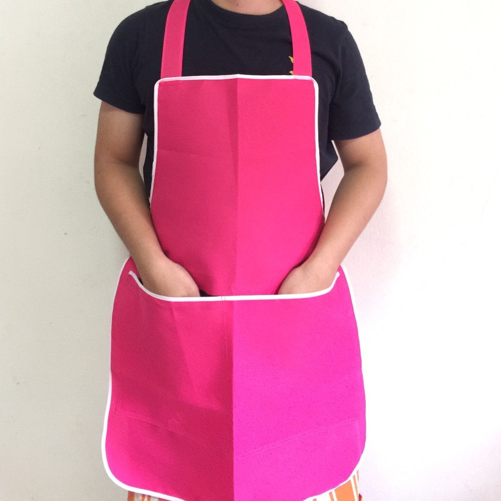 ผ้ากันเปื้อน 2 กระเป๋า สีชมพู ขอบขาว ผ้ากันเปื้อนผู้ใหญ่ เอี๊ยมทำอาหาร
