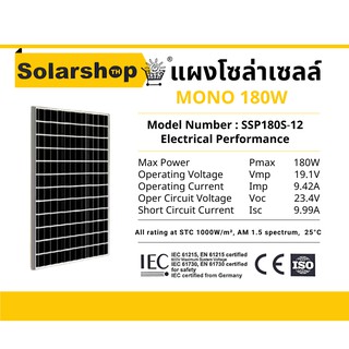 (1คำสั่งซื้อ/1แผง) แผงโซล่าเซลล์โมโนคริสตัลไลน์ SOLARSHOP 180วัตต์ Solar Panel Monocrystaline 180 Watt