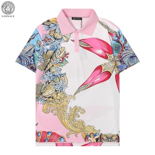 Versace เสื้อยืดแขนสั้น ผ้าฝ้าย พิมพ์ลาย แฟชั่นสําหรับผู้ชาย และผู้หญิง