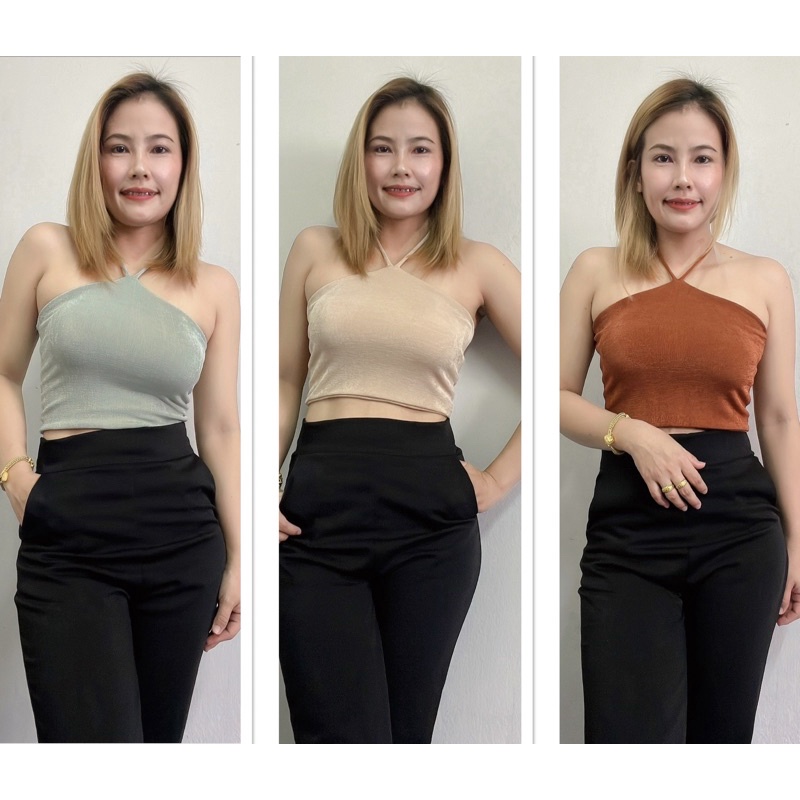 เสื้อครอป สายผูก 45 สี Glitter ผ้าวิ้ง คล้องคอ