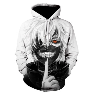 2021 เสื้อกันหนาวมีฮู้ดแฟชั่นพิมพ์ลายการ์ตูน Tokyo Ghoul Kaneki Ken 3D สีขาวสําหรับผู้ชาย