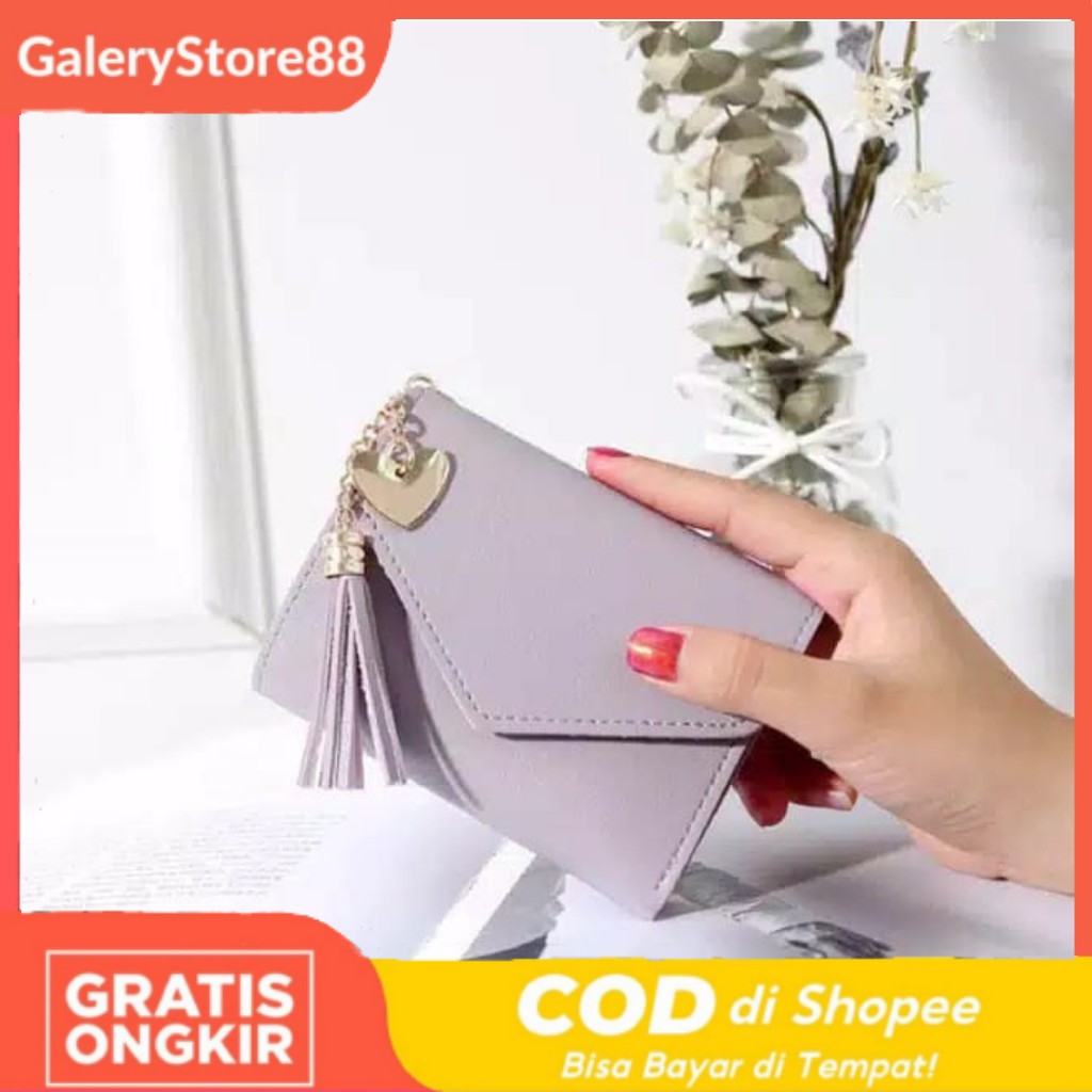 ❀GS GS GS❀ PLAIN POMPOM MINI FOLDING WALLET สําหรับผู้หญิงนําเข้ากระเป๋าสตางค์ REAL PPICT