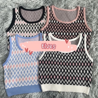 Elves✨พร้อมส่ง✨  เสื้อกล้ามไหมพรม ลายตารางหมากรุกสีพาสเทลน่ารัก สไตล์เกาหลีคิ้วๆ ~55081~