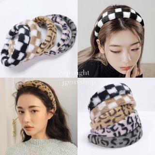 - ZOO🐻Headband ที่คาดผมขนปุยนุ่ม ลายตาราง ลายเสือดาว ที่คาดผมสไตล์เกาหลี สายฝอ -