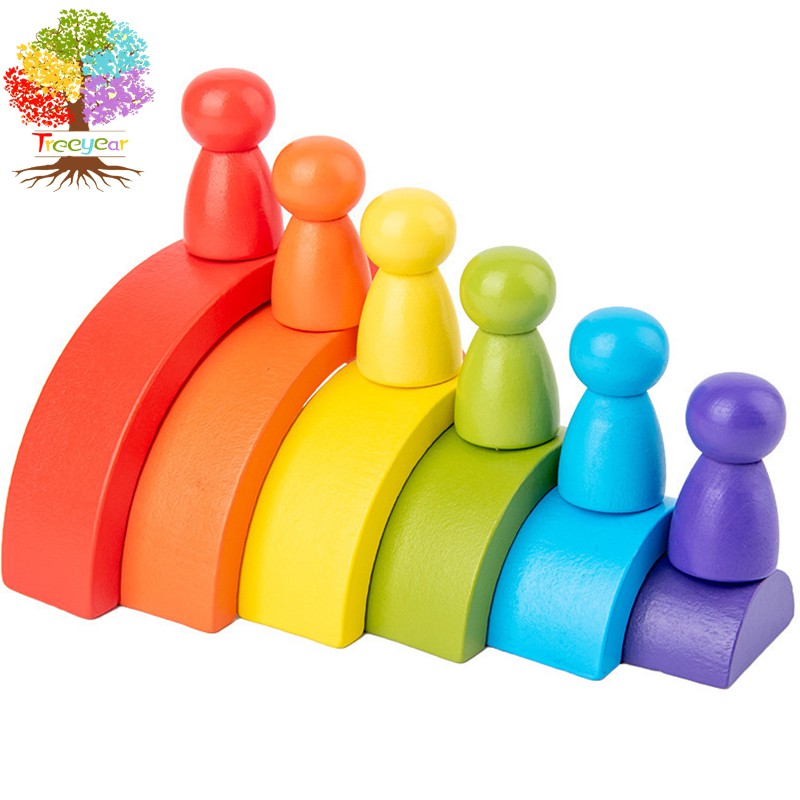 Montessori Wooden Rainbow Arched Building Blocks Small People Combination Children's Puzzle Colorful Half circle Building Blocks Stacking Music Toy