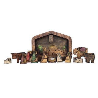 Wooden Statue Nativity Scene Set Baby Jesus Manger Holiday Crib Figurines Miniat