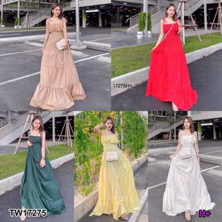 TW17275 Maxi dress เดรสยาวผูกไหล่ แต่งยุ่นช่วงหน้าอก