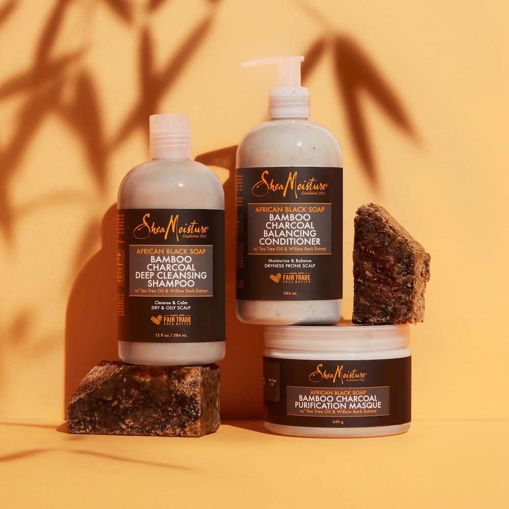 พร้อมส่ง  SheaMoisture, African Black Soap, Bamboo Charcoal Deep Cleansing Shampoo, Body Lotion