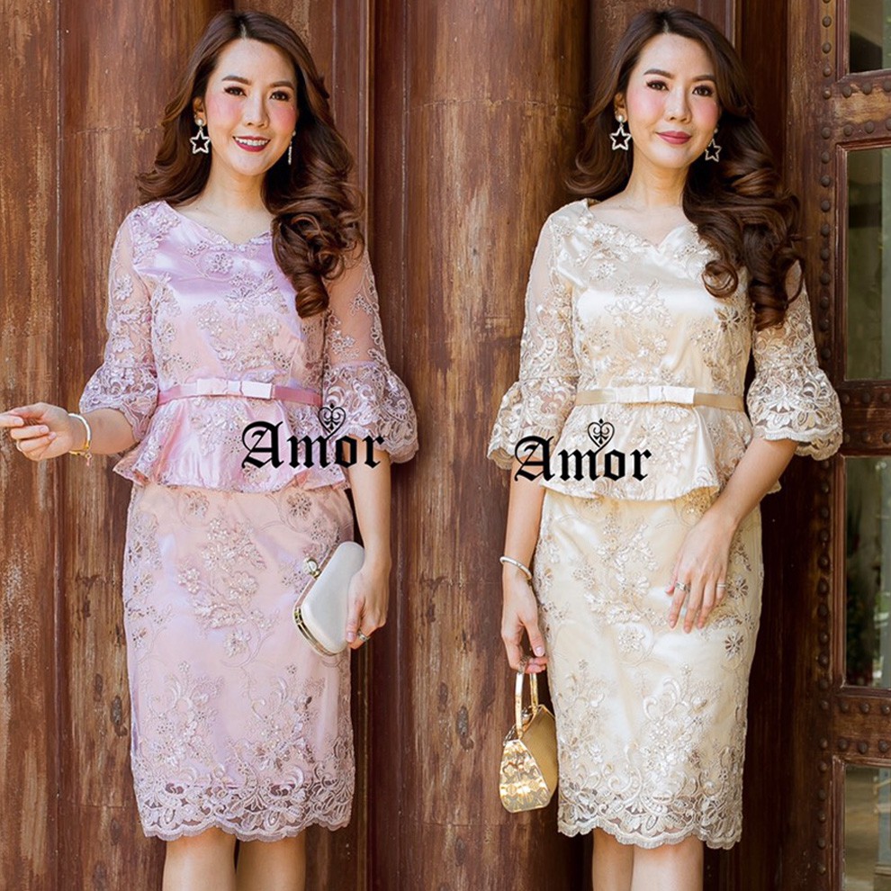 M-4XL✨Lชุดหมั้น ชุดเดรสออกงานลูกไม้ผ้าปักเลื่อม สีชมพูกะปิ/สีทอง