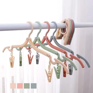 ไม้แขวนเสื้อพับได้ + ที่หนีบผ้า พับได้ (คละสี) ไม้แขวน ขนาดพกพา สีพาสเทล