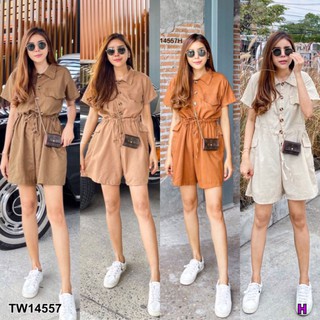 TW14557Jumpsuit จั๊มสูทขาสั้น คอปกกระดุมหน้า แขนสั้น มีกระเป๋าข้าง ทรงน่ารักมากกก ดีเทลรูดเชือกช่วงเอว ปรับไ้ด้ตามใจชอบ