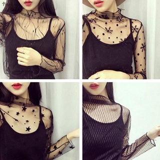 STYLEF-~Ladies Ladies Mesh Long Sleeve Lace Shirt Sheer Top Shirt Slim Fit Sexy Hot Mesh Shirt Black-【STYLEF-Fashion】