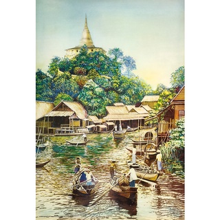 โปสเตอร์ อาบมัน ภาพวาดสีน้ำมัน วิถีชีวิต โบราณ ภูเขาทอง Landscapes Painting POSTER 14.4"x21" นิ้ว Lifestyle Thai Antique