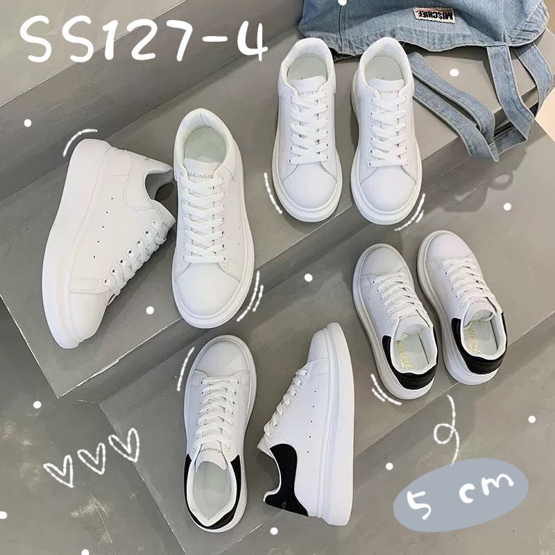 SS127-4 รองเท้าผ้าใบเกาหลีทรง unisex ส้นตึก หญิง/ชายใส่ได้ หนังนิ่มงานสวย สีขาวดำ/ขาวล้วน