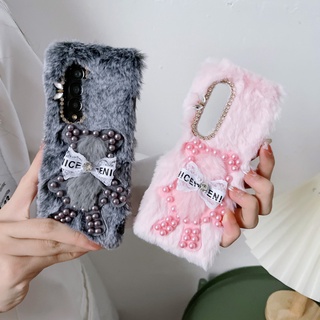 เคสโทรศัพท์มือถือ ป้องกันกระแทก ประดับไข่มุก รูปหมีน่ารัก แบบพับได้ สําหรับ Samsung Galaxy Z Fold 3 Flod 4 5G