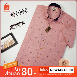 เสื้อเชิ้ตแขนสั้น คอปก ผ้า Oxford ลายแมวเหมียว สีชมพูอมแดง มีถึง 4XL