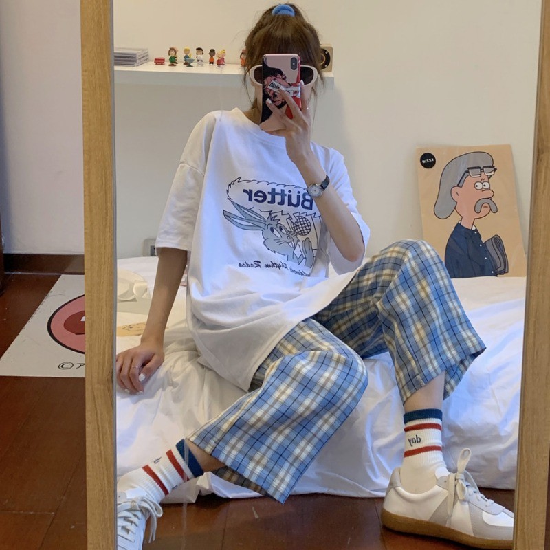 พร้อมส่งชุด 2 ชิ้น เสื้อยืดสีขาว + กางเกงขายาวสีน้ำเงิน แฟชั่นเกาหลี สูทน่ารัก(K156) #8