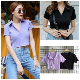 เสื้อครอป คอปก เอวลอย