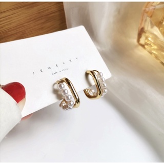 พร้อมส่ง - 1231 ต่างหูสีทองทรงเหลี่ยมแต่งมุกสีขาว