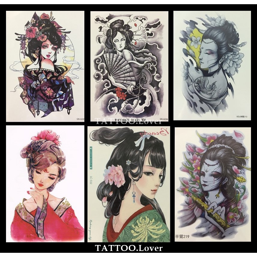 👍แทททูเกอิชา/หญิงสาวญี่ปุ่น/กิโมโน/ผู้หญิง/สาวจีนโบราณ✨ Tattoo Sticker สติ๊กเกอร์รอยสักปลอมชั่วคราวก