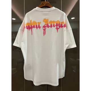 PALM ANGELS SPRAYED PALM LOGO OVER TEE เสื้อยืดคอกลมแขนสั้น แบรนด์ปาล์มแองเจิล สกรีนรูปต้นมะพร้าว สเปรย์ตัวหนังสือโลโก้