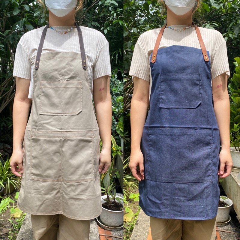ผ้ากันเปื้อนสียีนส์ สีครีม สายหนังเทียม ราคาถูก คุณภาพดี