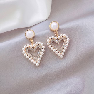 ♥พร้อมส่ง♥ต่างหูเกาหลีเงินแท้ รูปหัวใจ ประดับมุกและคริสตัล