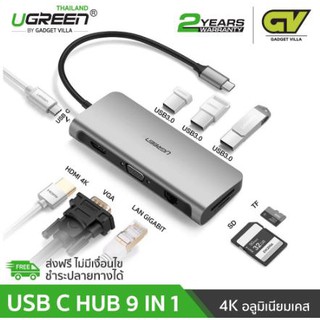 UGREEN USB C USB3.1 ตัวแปลง TYPE C Hub 9 in 1 ไปเป็น HD, VGA 1080P, Card Reader SD/TF, Lan Gigabit 1000Mbps 40873