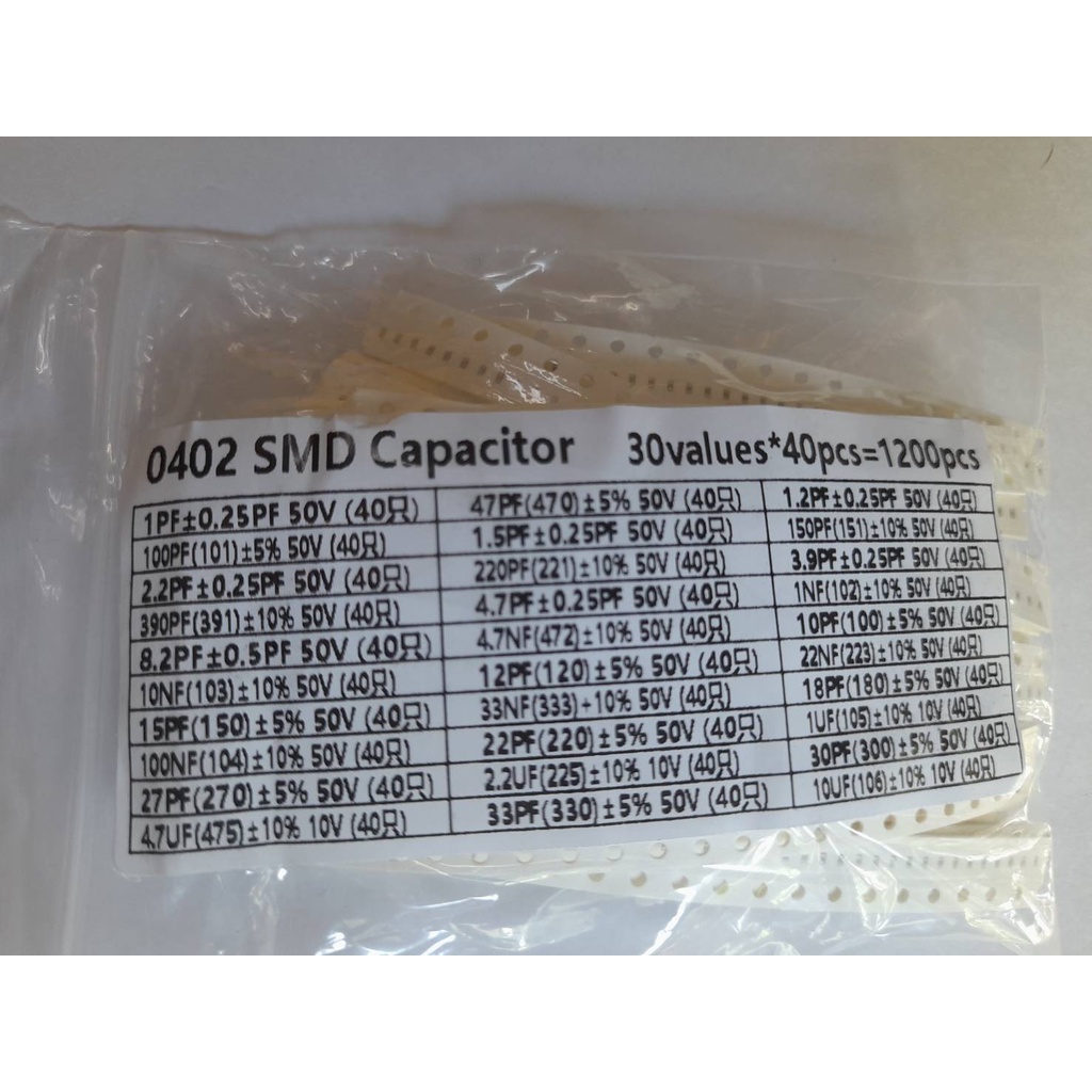 ตัวเก็บประจุ SMD 0402  SMD Chip capacitor assorted kit , 30values*40PCS=1200PCS (1pF~10uF) (สต๊อกไทย