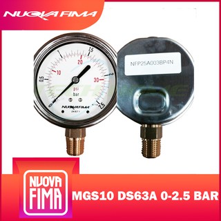 "NUOVA FIMA" PRESSURE GAUGE 2.5" 0-2.5 BAR (36PSI) | เกจวัดแรงดัน หน้าปัด 2.5" เกลียวทองเหลืองออกล่าง 1/4" NPT+น้ำมัน