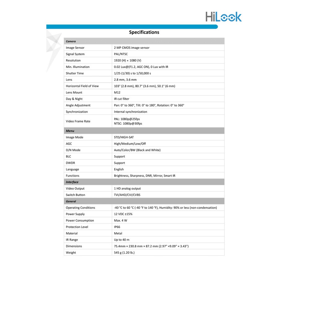 [ประกันศูนย์ไทย 3ปี] HiLook กล้องวงจรปิด 1080P THC-B220-MC (3.6MM,2.8MM) 40mm IR, 4 ระบบ : HDTVI, HDCVI, AHD, ANALOG